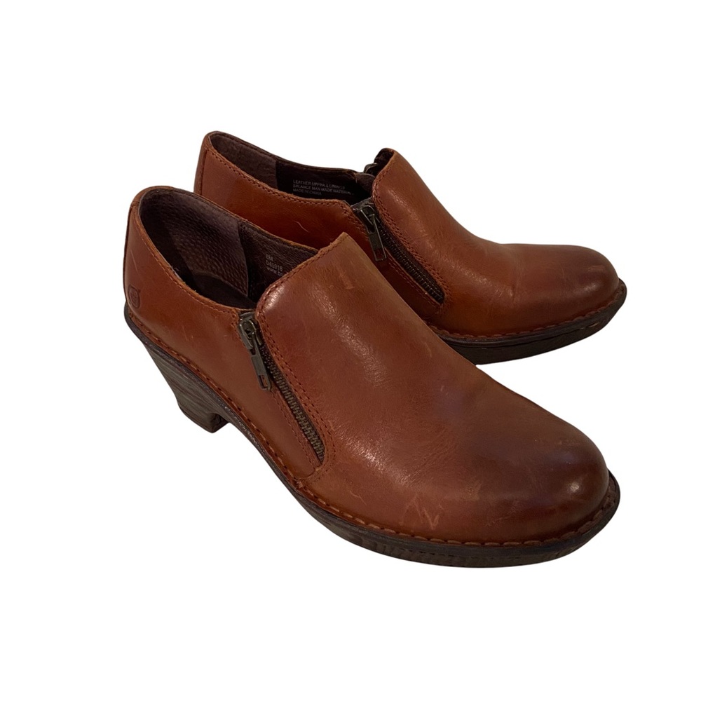 Born Heel Clogs Comfort Leather Slip On Shoes Brown l Side Zipper Neutral Size 8
